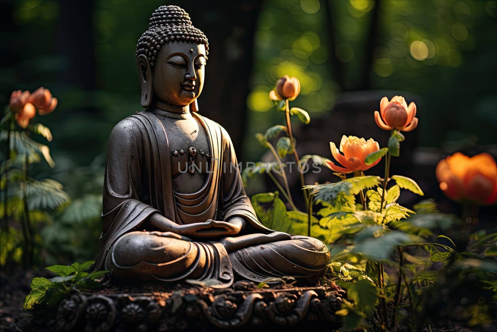 a buddha statue sitting in the middle of a garden with flowers and plants around himalai, japan's most sacred place