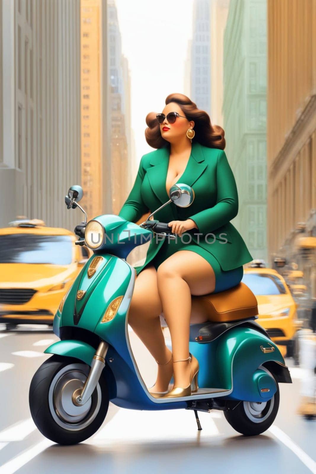 curvy elegant empowered business woman driving electric scooter in downtown illustration genrative ai art