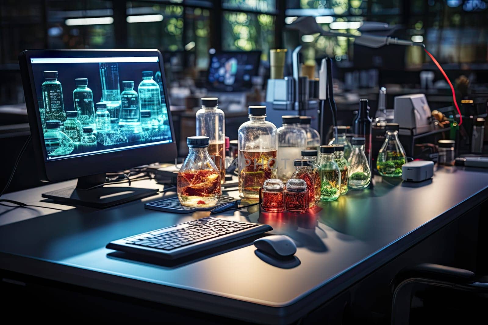 a desk with a computer and different bottles of alcohol by golibtolibov