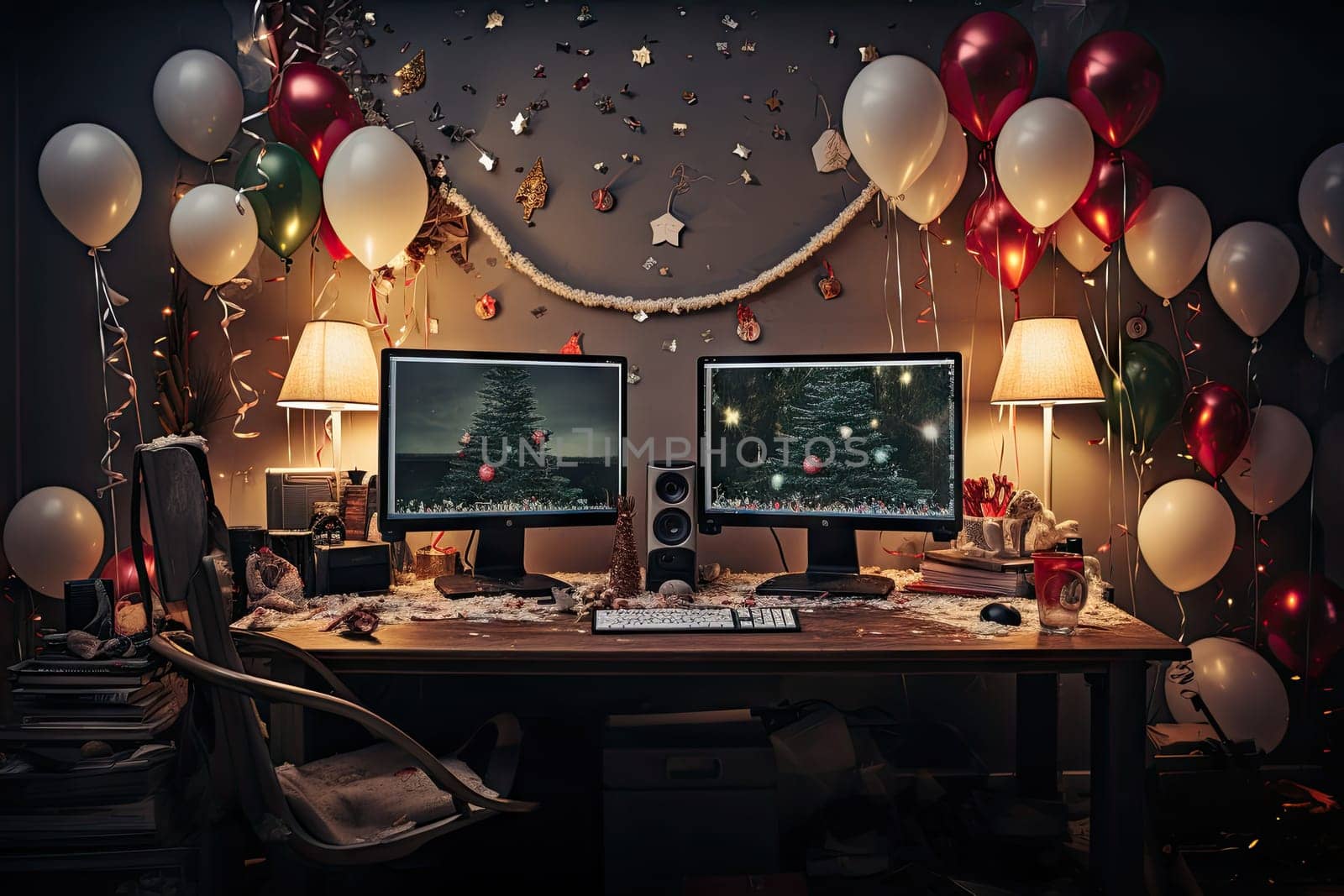 a desk with two computer monitors and balloons by golibtolibov