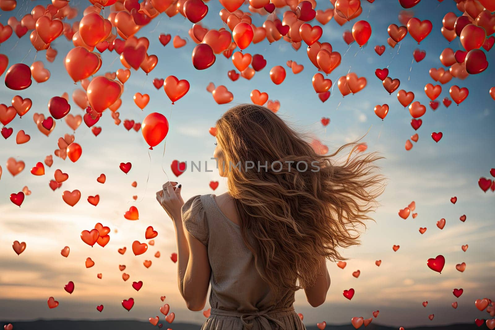 a woman with her hair blowing in the wind while she is surrounded by many red hearts floating in the air