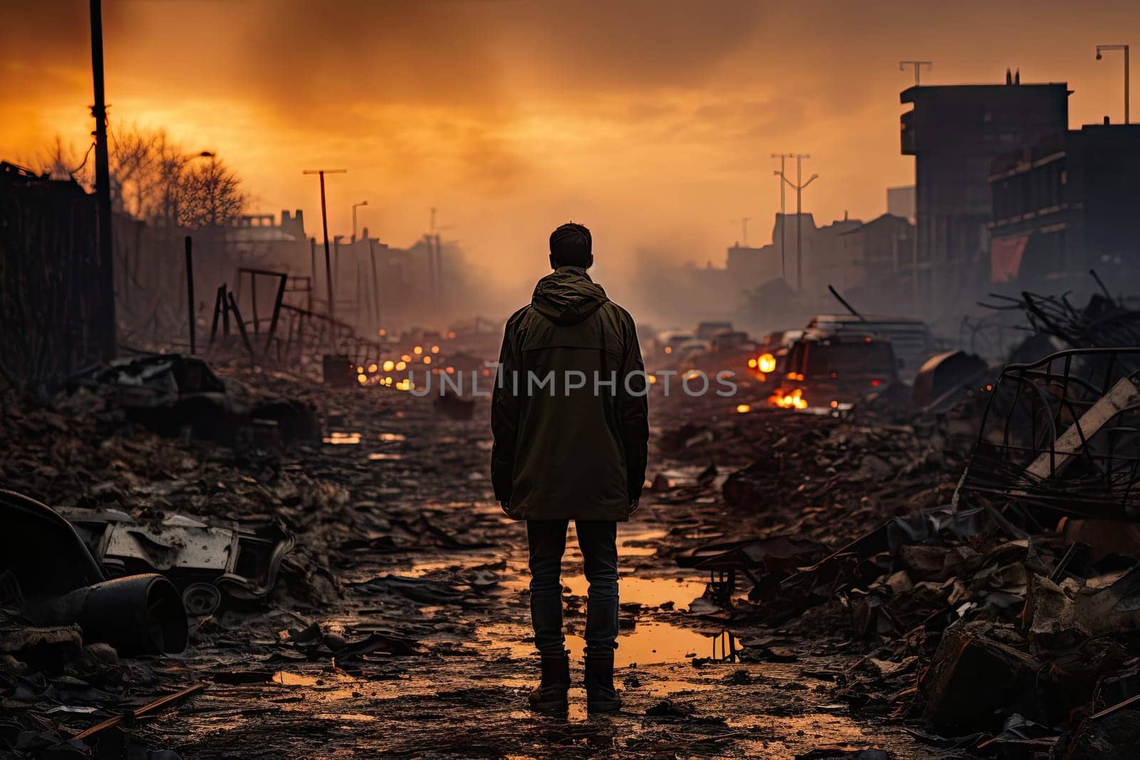 a person standing in the middle of a destroyed city with buildings and debris all around him that are scattereded on the ground