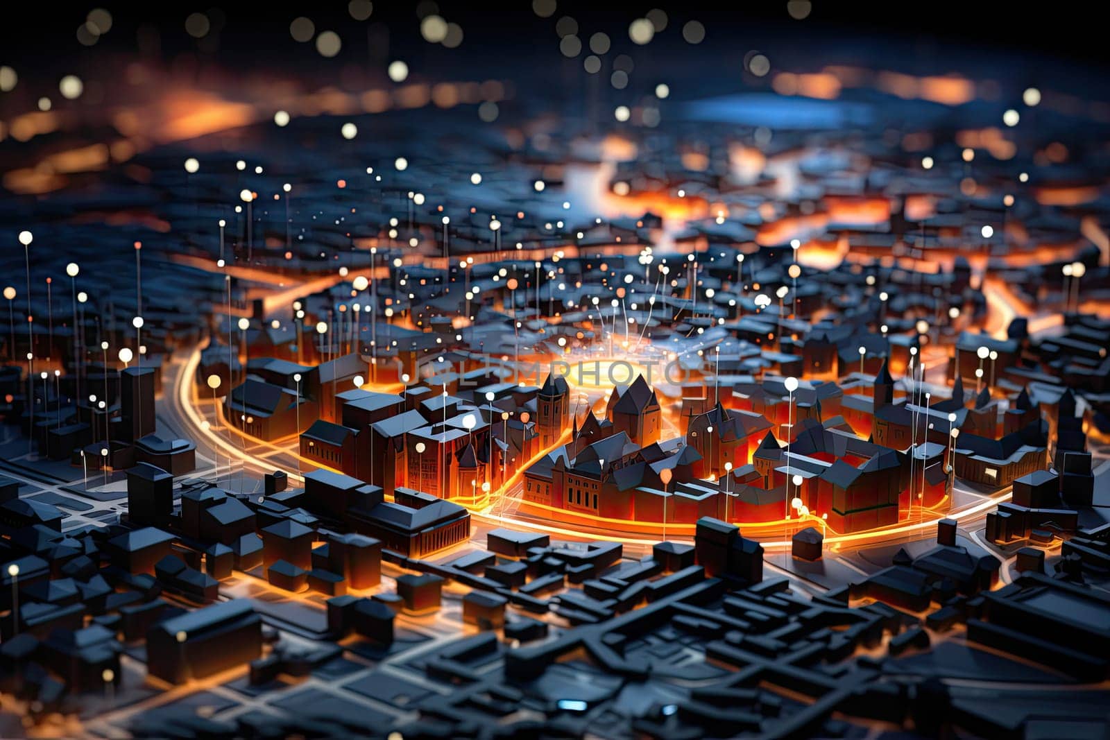 a city with lots of buildings and lights in the middle part of the image there is an orange glow coming from above