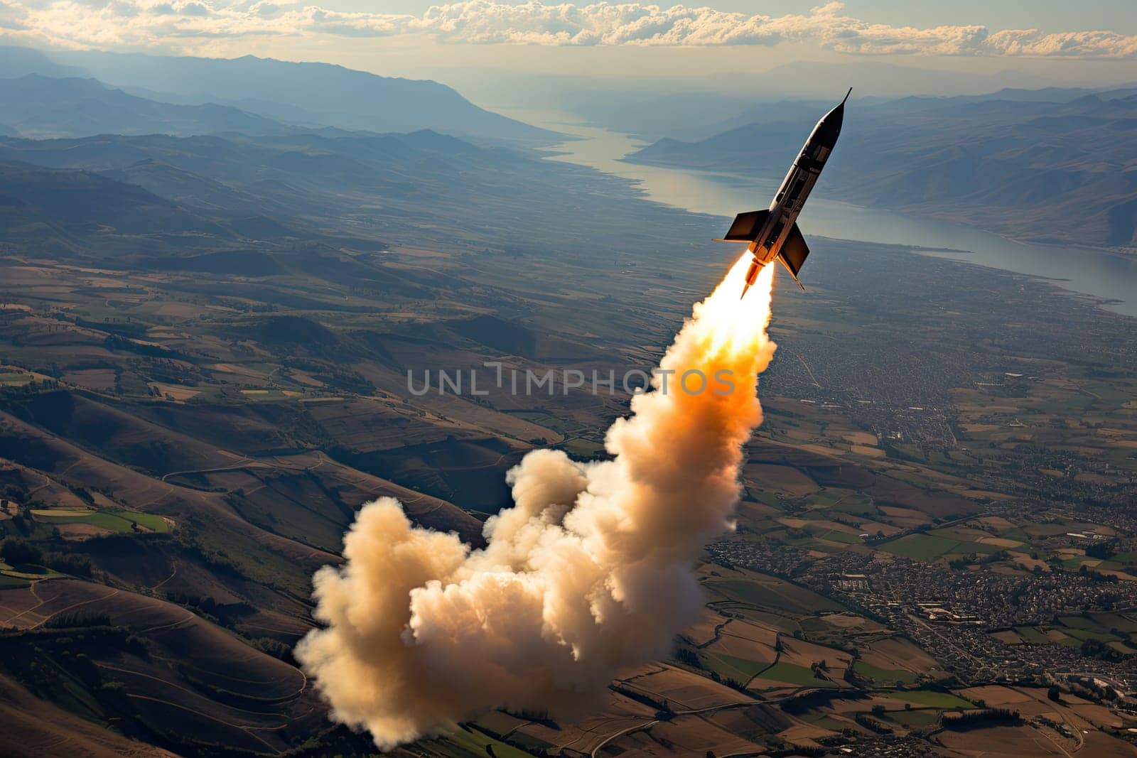 a rocket taking off into the air with mountains in the background and clouds above it, as seen from an airplane