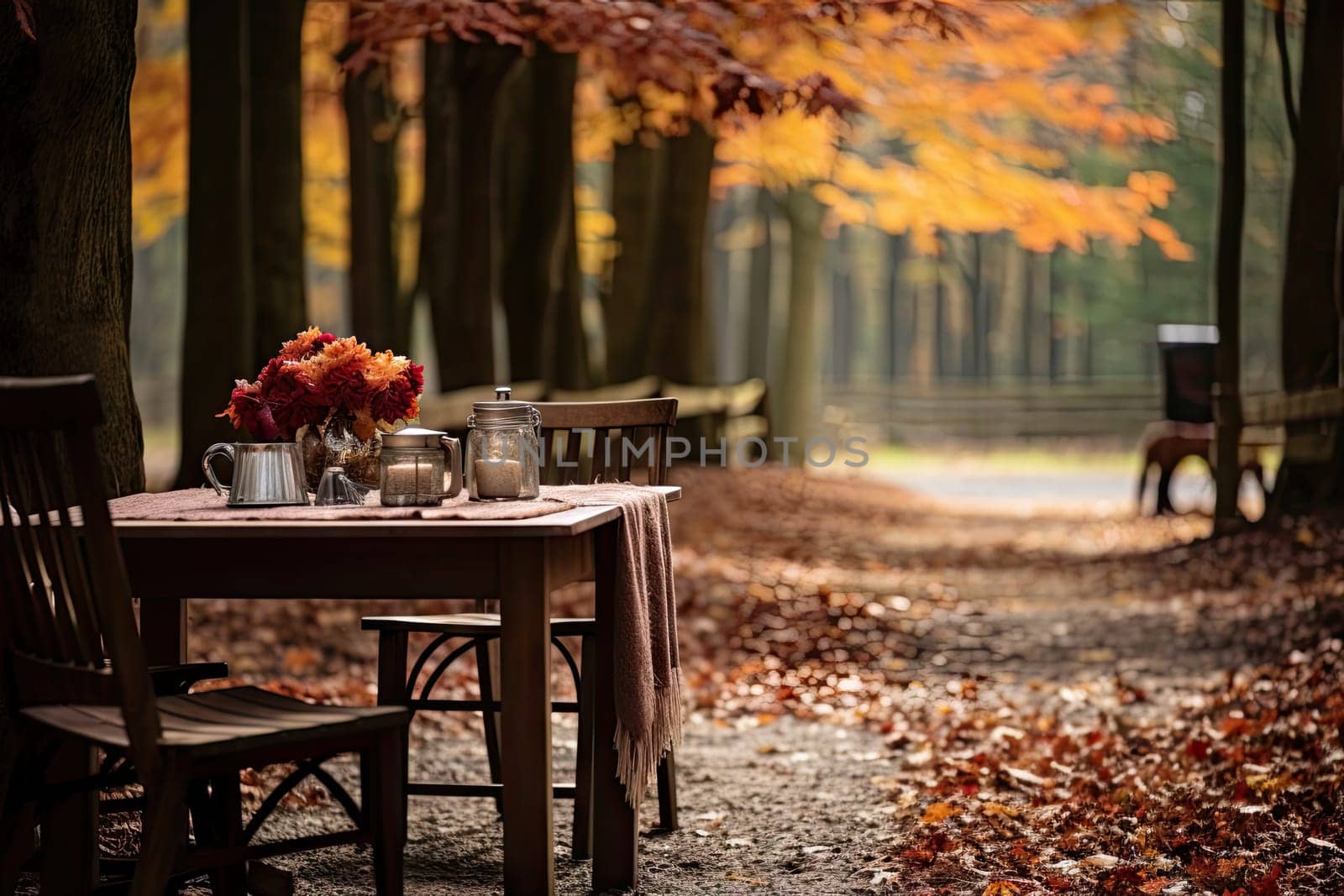 two chairs and a table in the middle of an autumn forest with leaves on the ground, one chair is empty