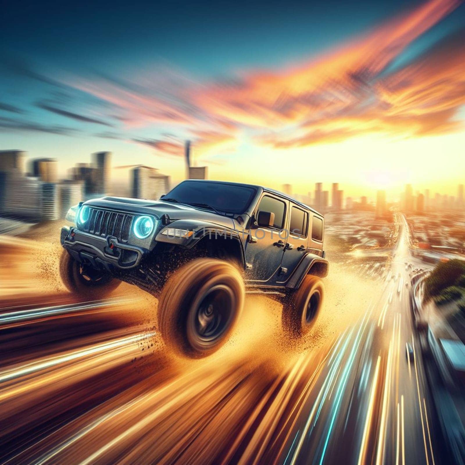 modern suv crossover jeep go fast in city suburbs, sunrise, motion blur, golden hour, off road generative ai art