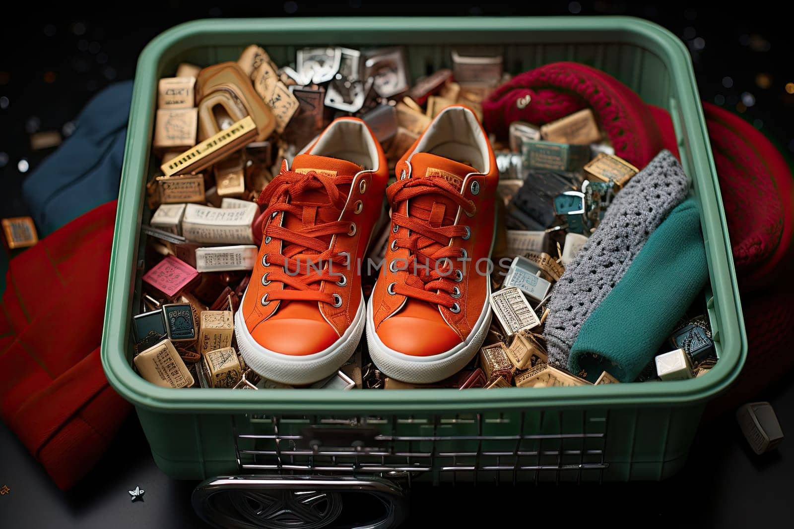 some shoes in a green container on a black surface with other items scattered around it, including socks and socks