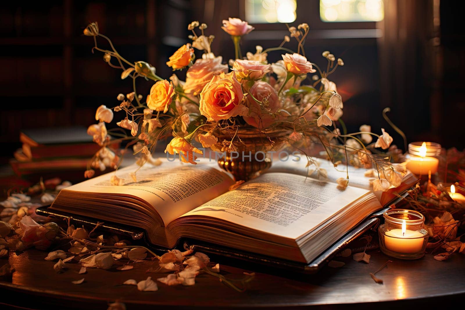 an open book sitting on a table with flowers and candles in the photo is blured by the light coming through the window