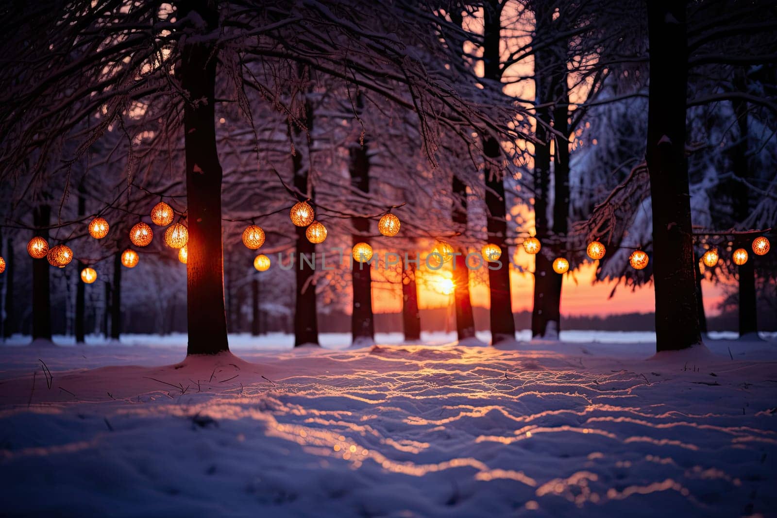 lanterns hanging from trees in the middle of a snow - covered park at sunset, new york, new york