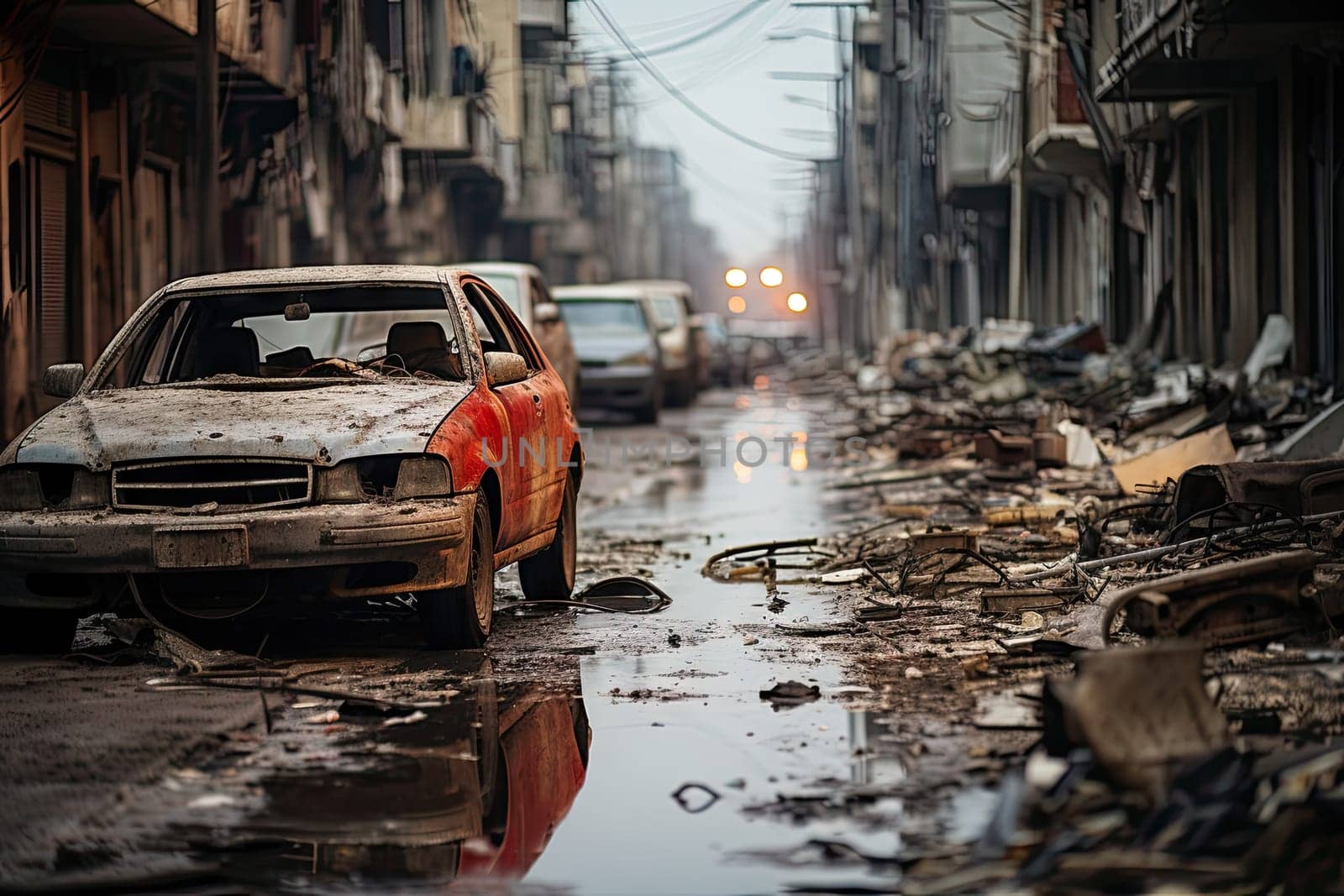 a car that is sitting in the middle of a street with debris all over it and buildings on both sides