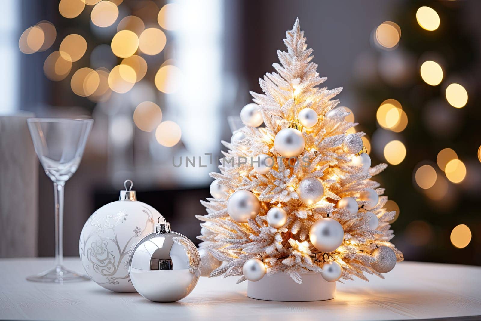 a white christmas tree on a table with lights in the background and an empty wine glass sitting next to it
