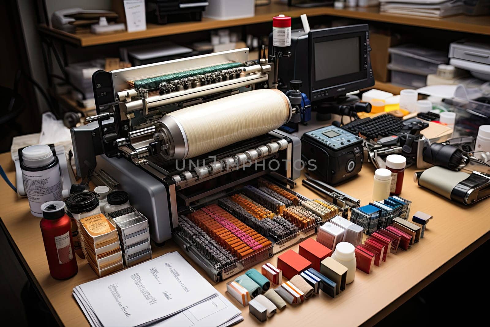 an old typewriter and other office supplies on a desk in the background is a computer, printer, monitor, keyboard, mouse