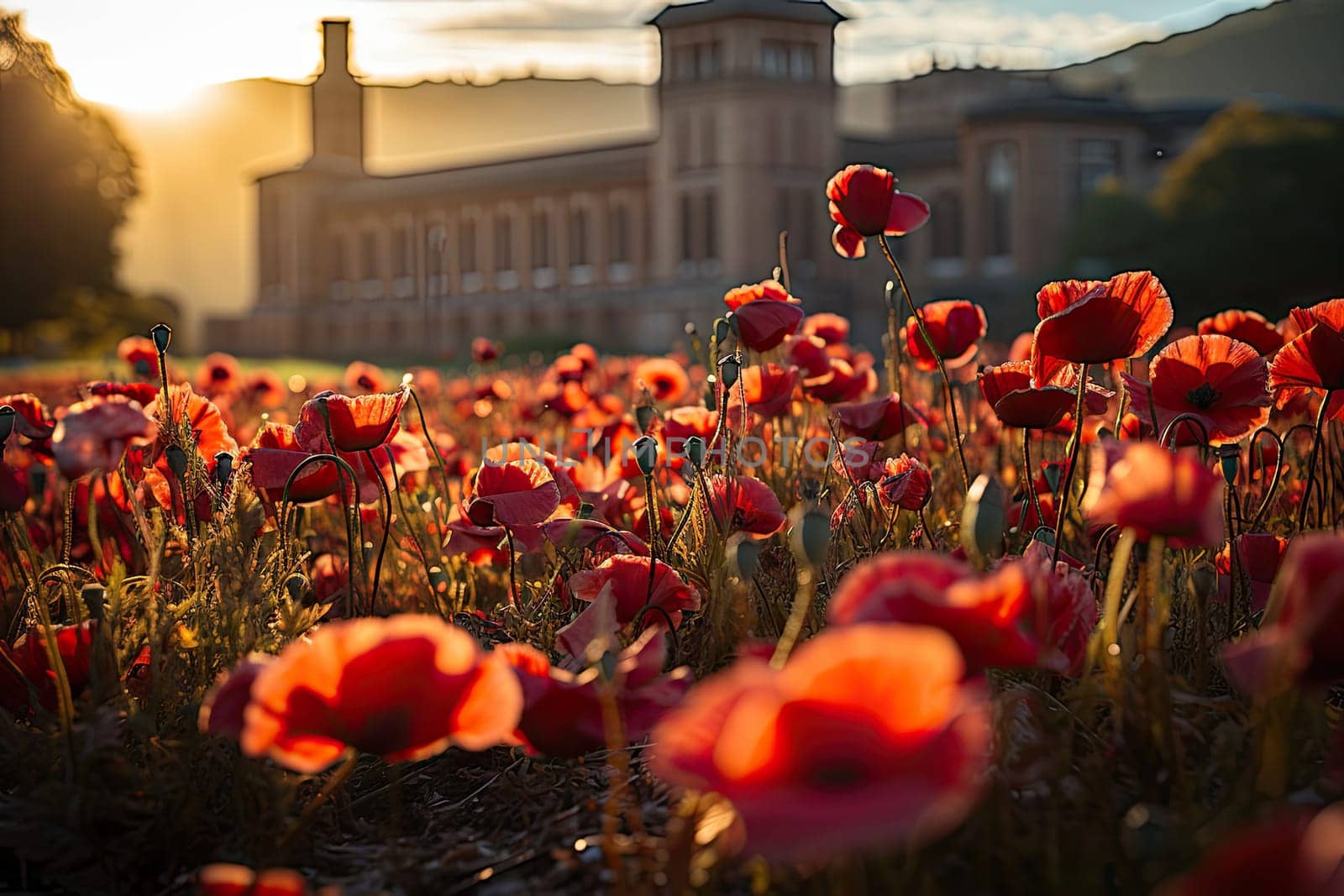 some red flowers in front of a building with the sun shining through the clouds and buildings on the other side