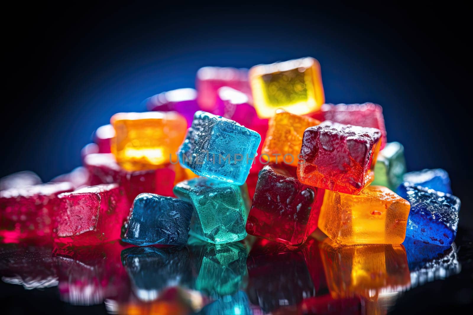 CBG Gummies. some colorful ice cubes on a reflective surface with reflections in the image is black and bluring behind it