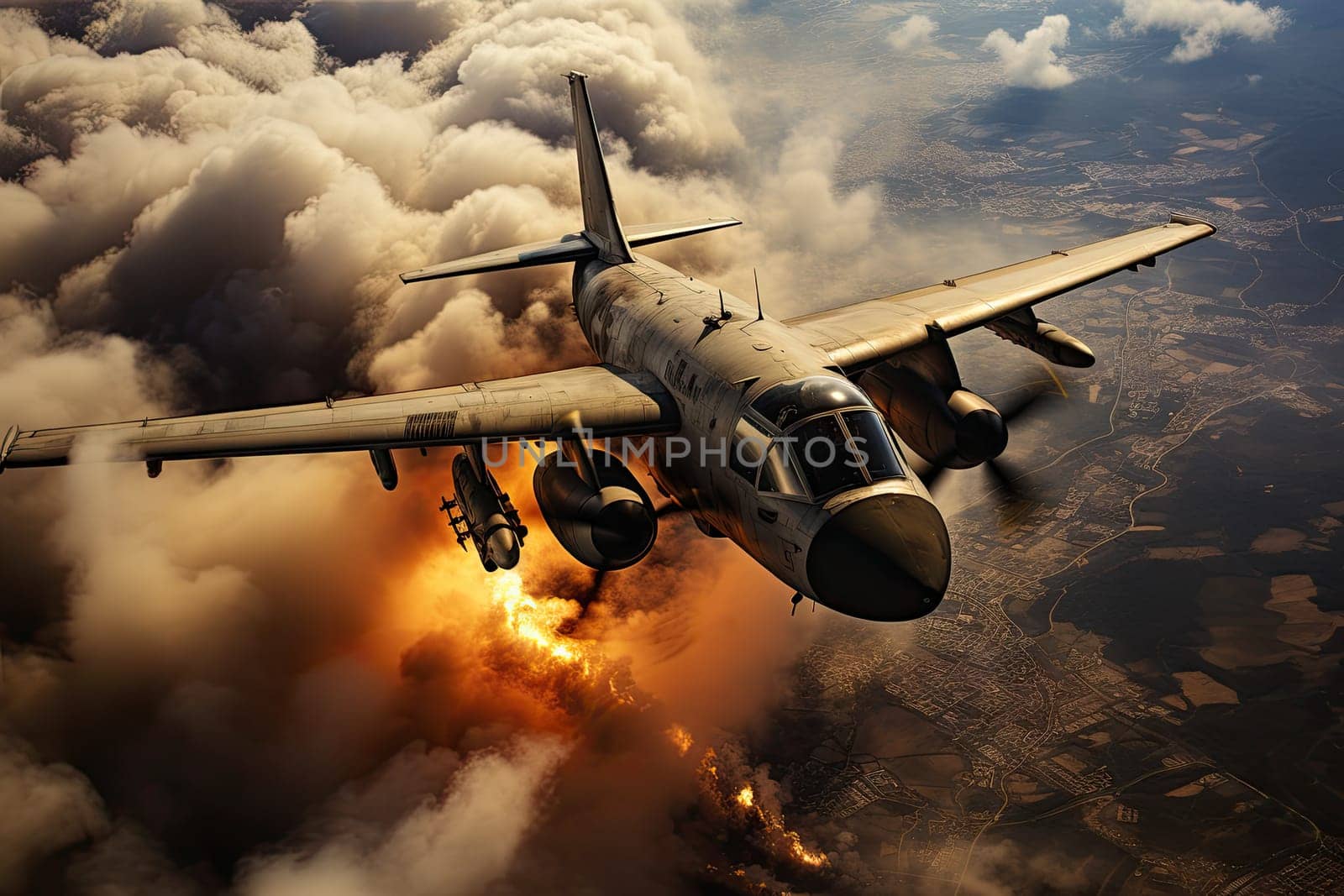 an airplane flying in the sky with smoke coming from it's engine and clouds behind it, as seen from above