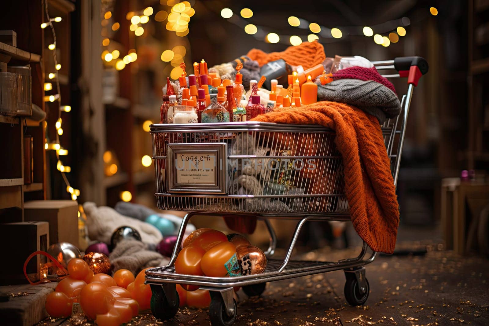 an empty shopping cart filled with christmas decorations and candles on the floor in front of a pile of orange pumpkins