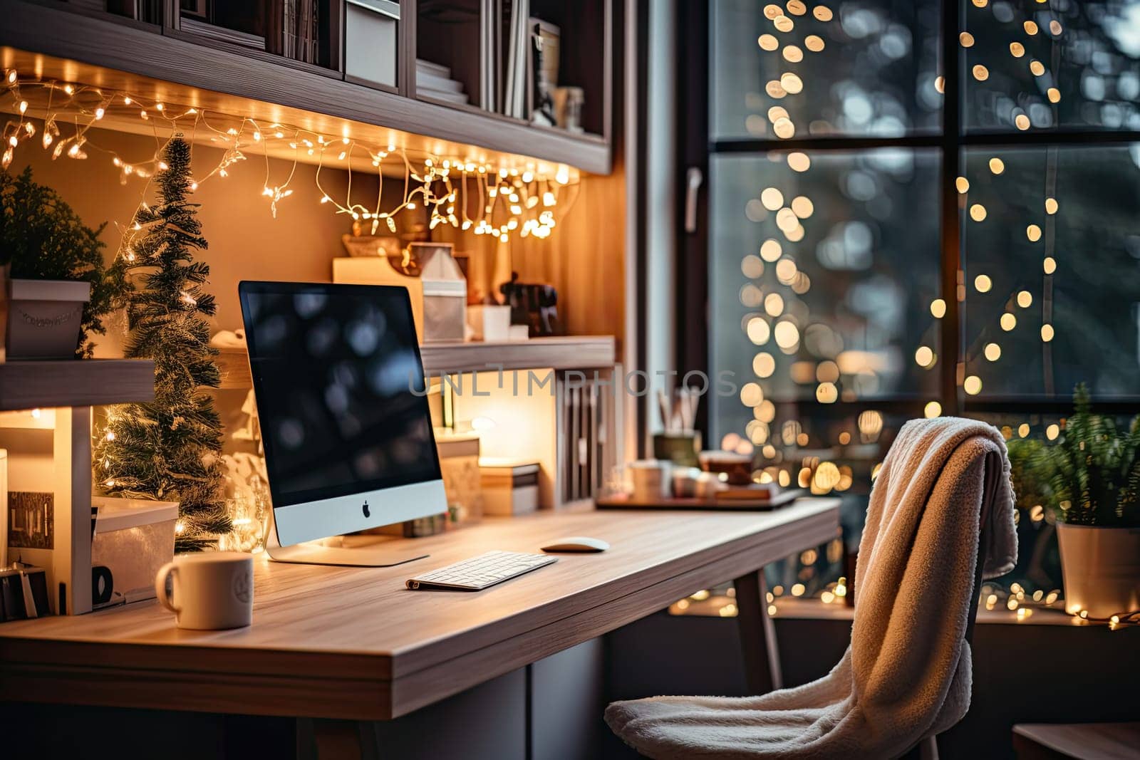 a desk with a computer and christmas lights on the window sid up behind it is a chair that sits in front of a