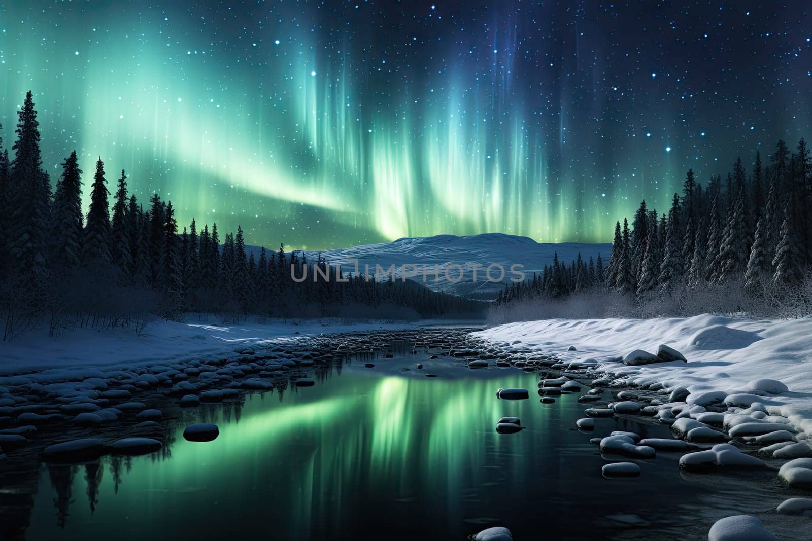 the night sky with aurora and northern lights reflecting in a frozen river, surrounded by snow - covered evergreen trees