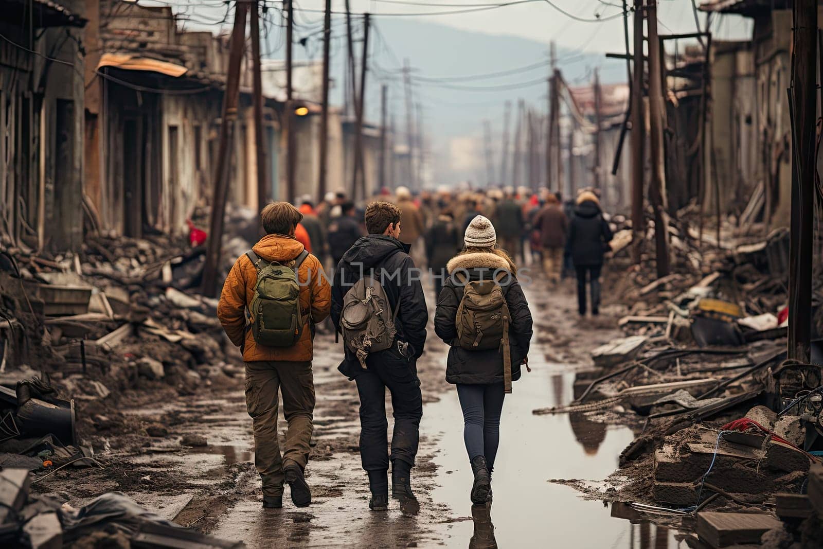 two people walking in the middle of a street with debris all around them and buildings on either side of the street