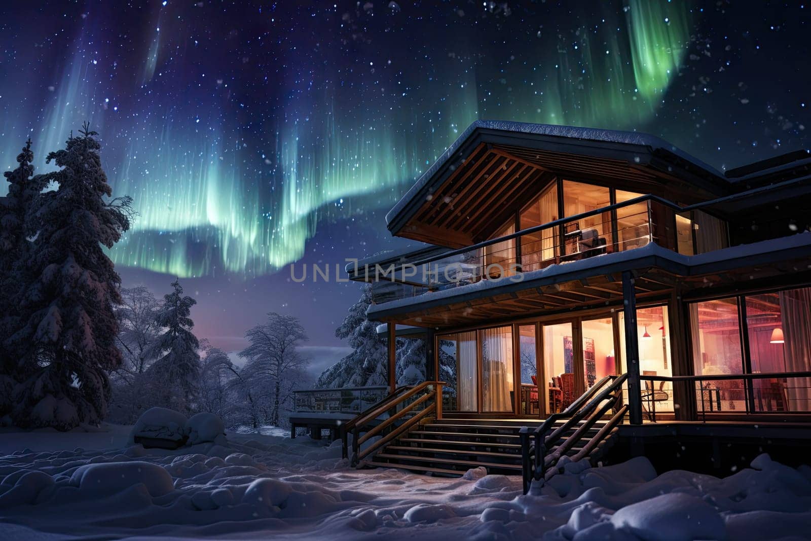 an aurora lodge under the northern sky at night with bright green and purple lights in the cabin is surrounded by snow covered trees