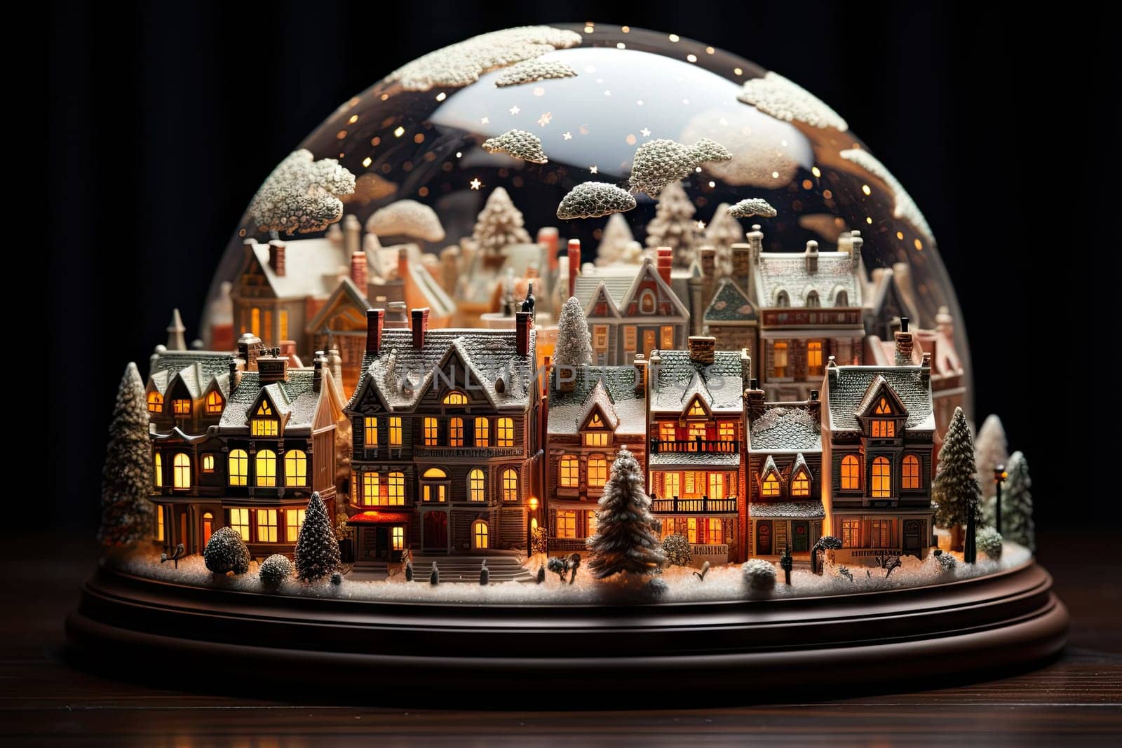 a snow globe with houses and trees in the middle, on a wooden table against a black background stock photo