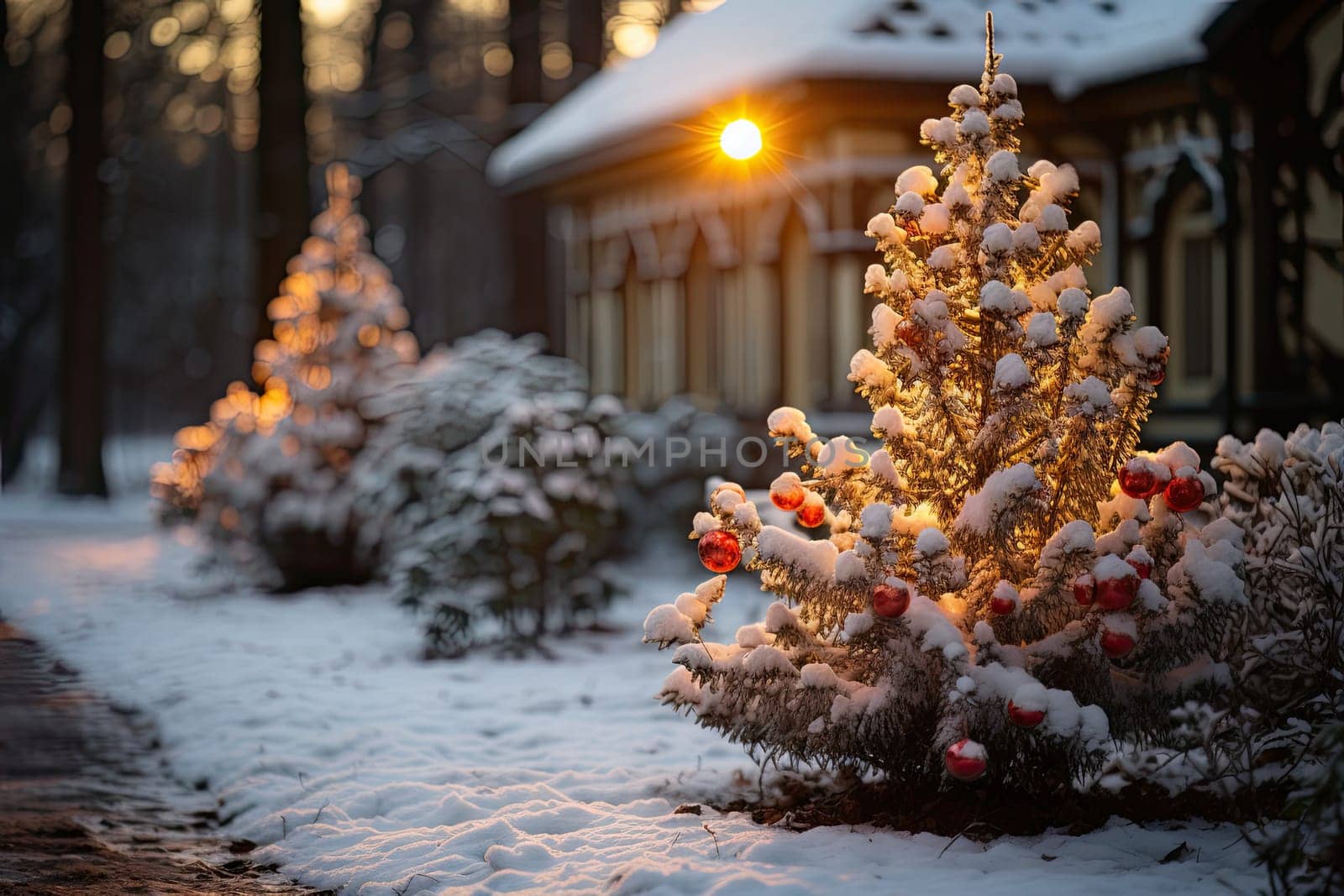 a small christmas tree in the middle of a snowy - covered yard with lights shining on it and snowing around