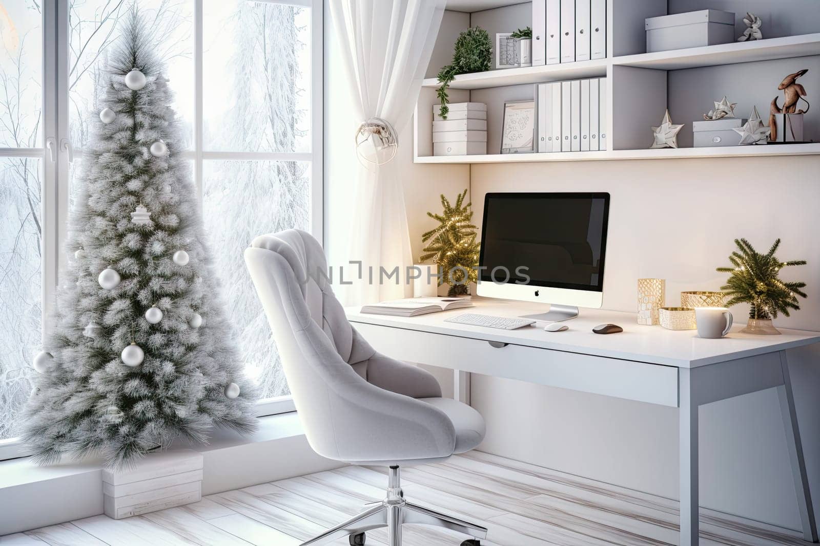 a white christmas tree in the corner of a room with a computer on it and a chair by the window