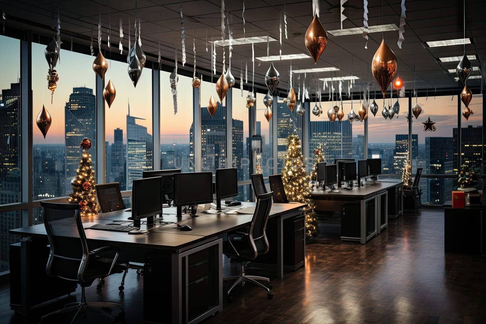 an office with christmas decorations hanging from the ceiling and desks in front of large windows looking out to city skyline