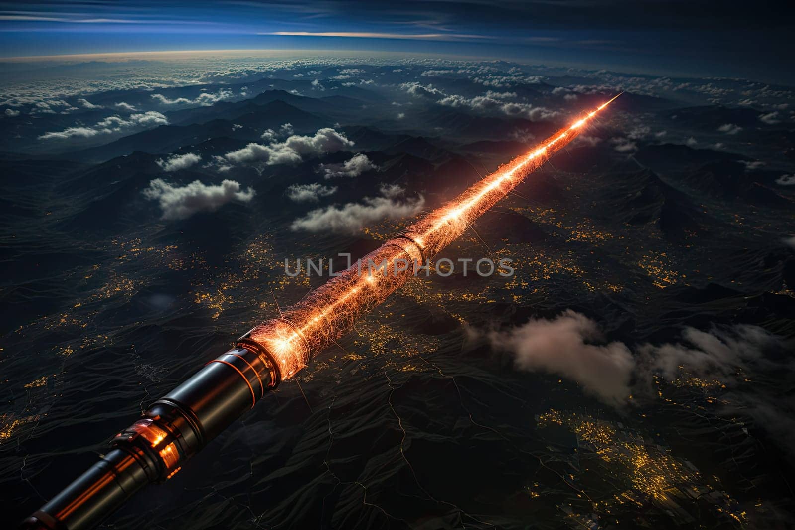 a rocket flying through the sky over a city by golibtolibov