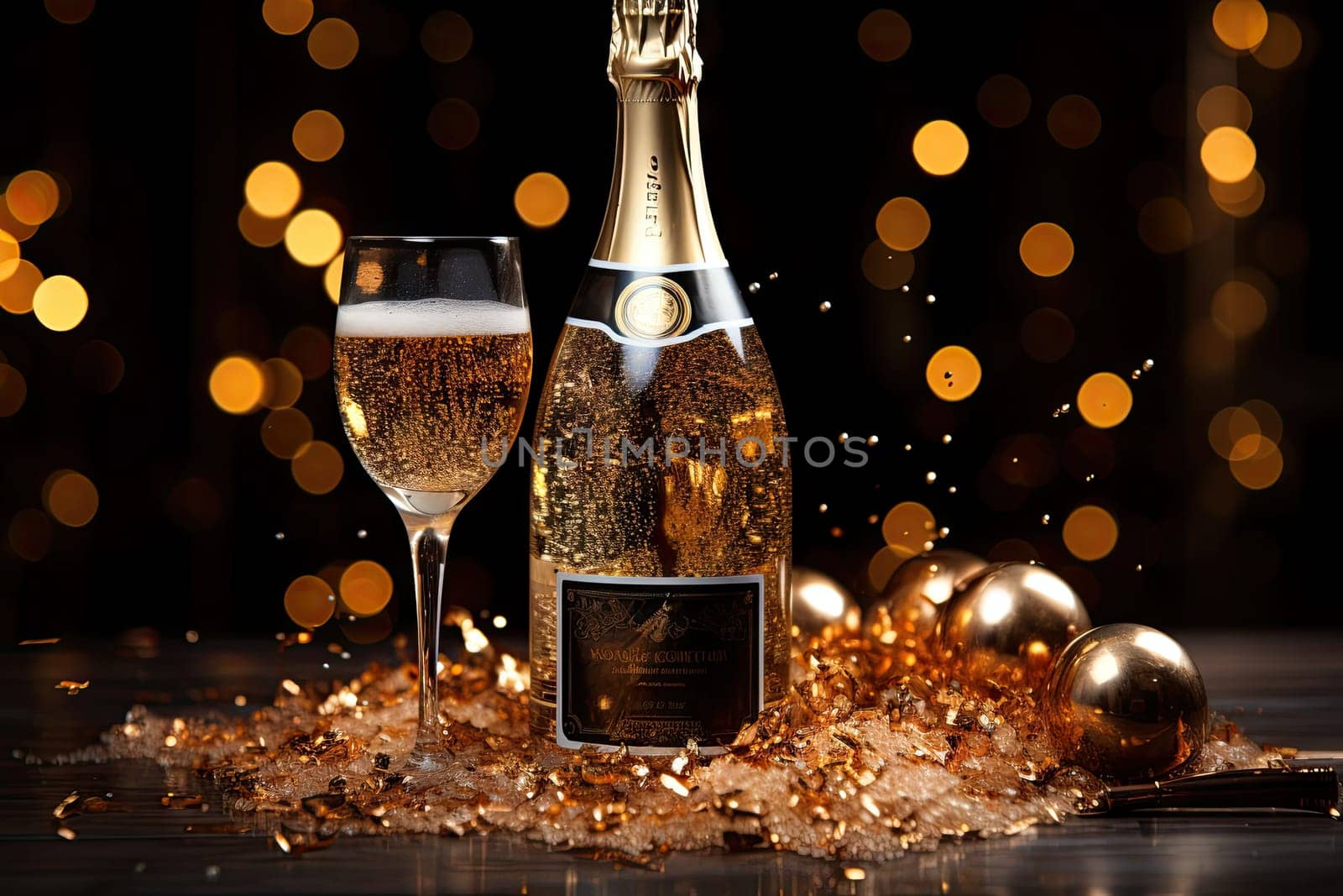 two champagne glasses and a bottle of sparkling wine on a table with gold glitters in the background is blurred