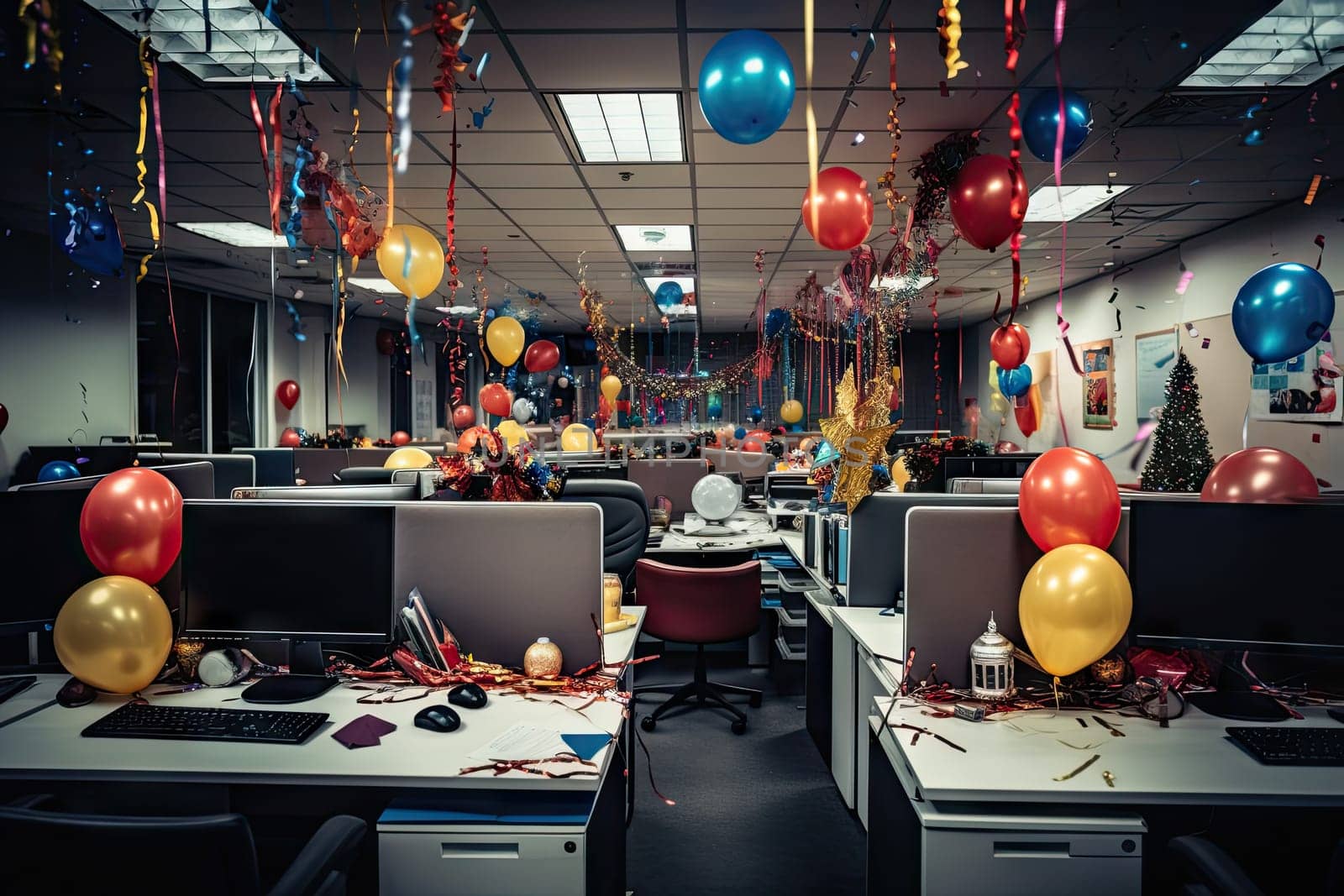 an office decorated for christmas with balloons and presents by golibtolibov