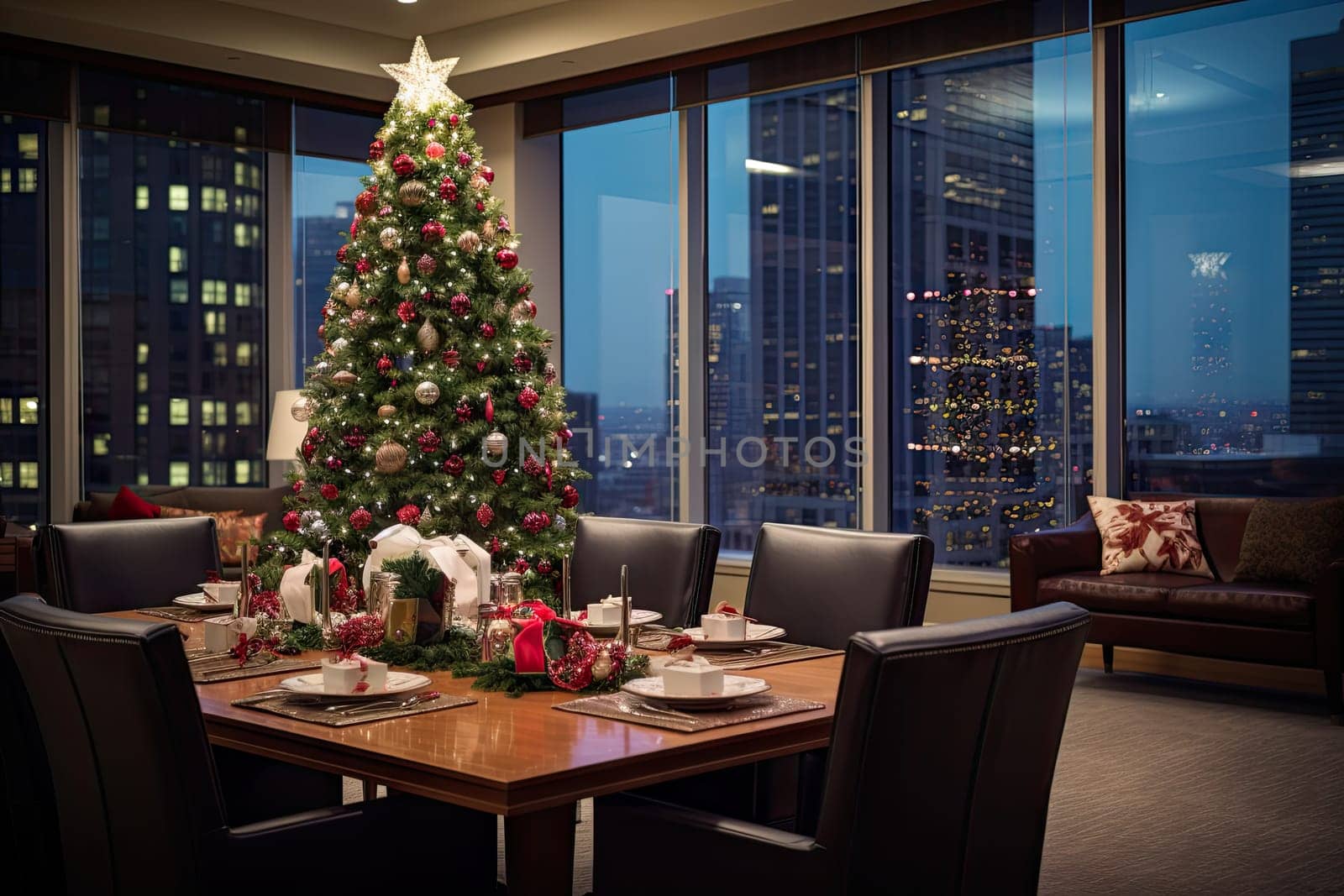 a christmas tree in the middle of a room with chairs and a table set up for two people to eat