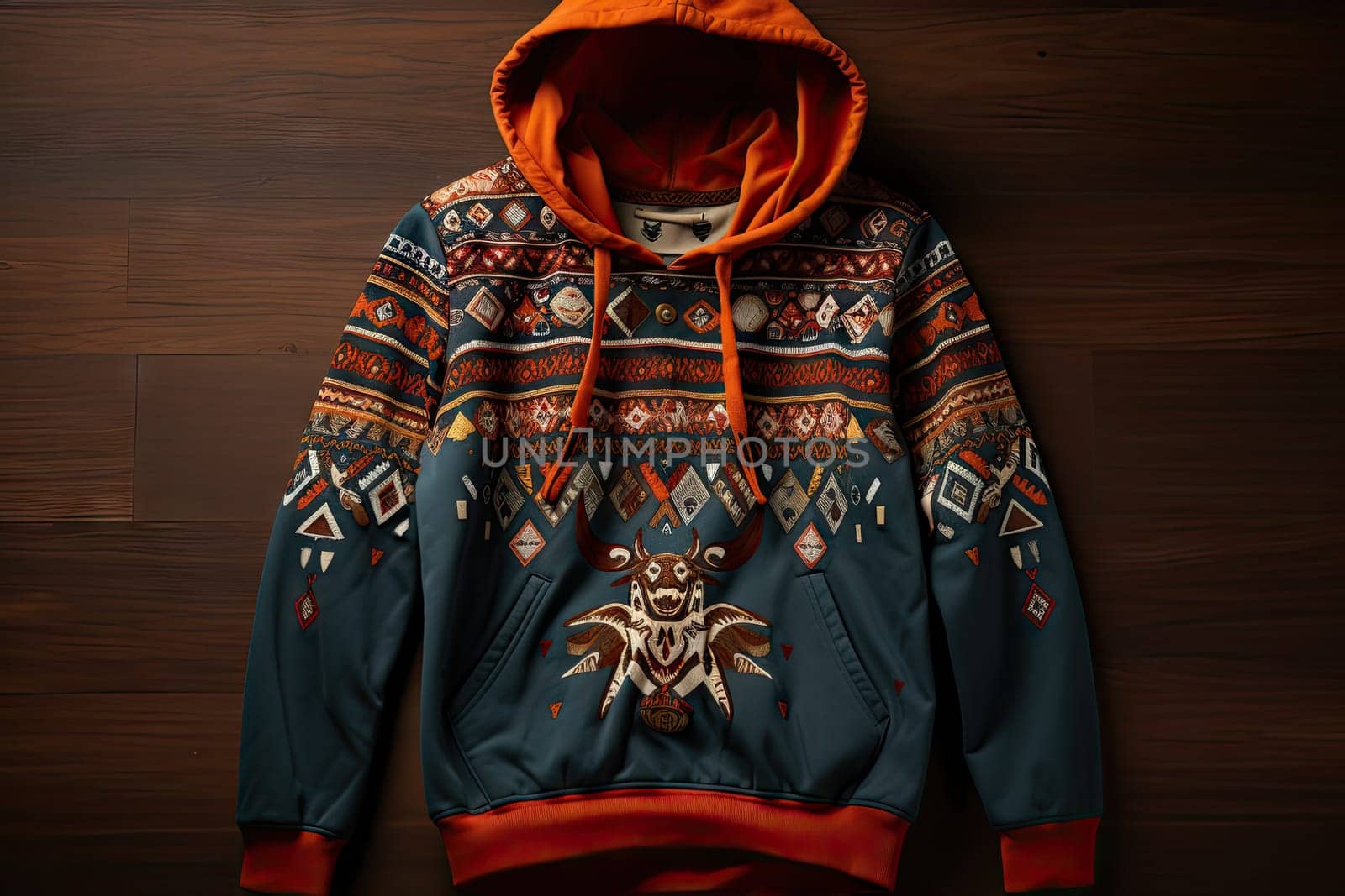 a hoodie on a wooden floor with a wood wall in the background and an orange hoodie over it