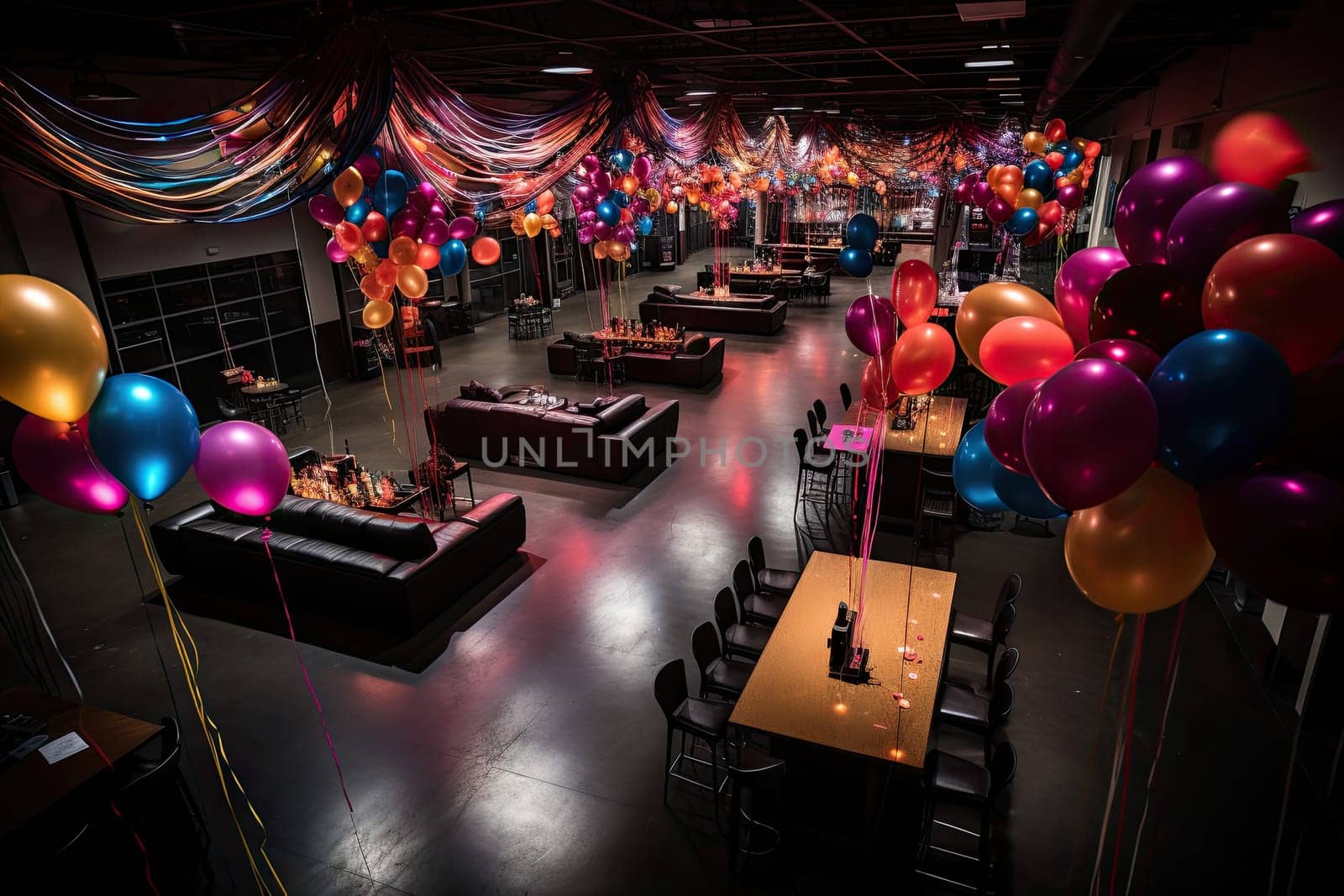 a party room with balloons and streamers hanging from the ceiling to the floor, all decorated in bright colors