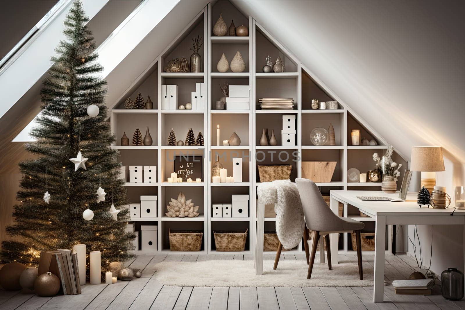 a home office with a christmas tree in the corner and lots of decorations on the shelfs, shelves and desk
