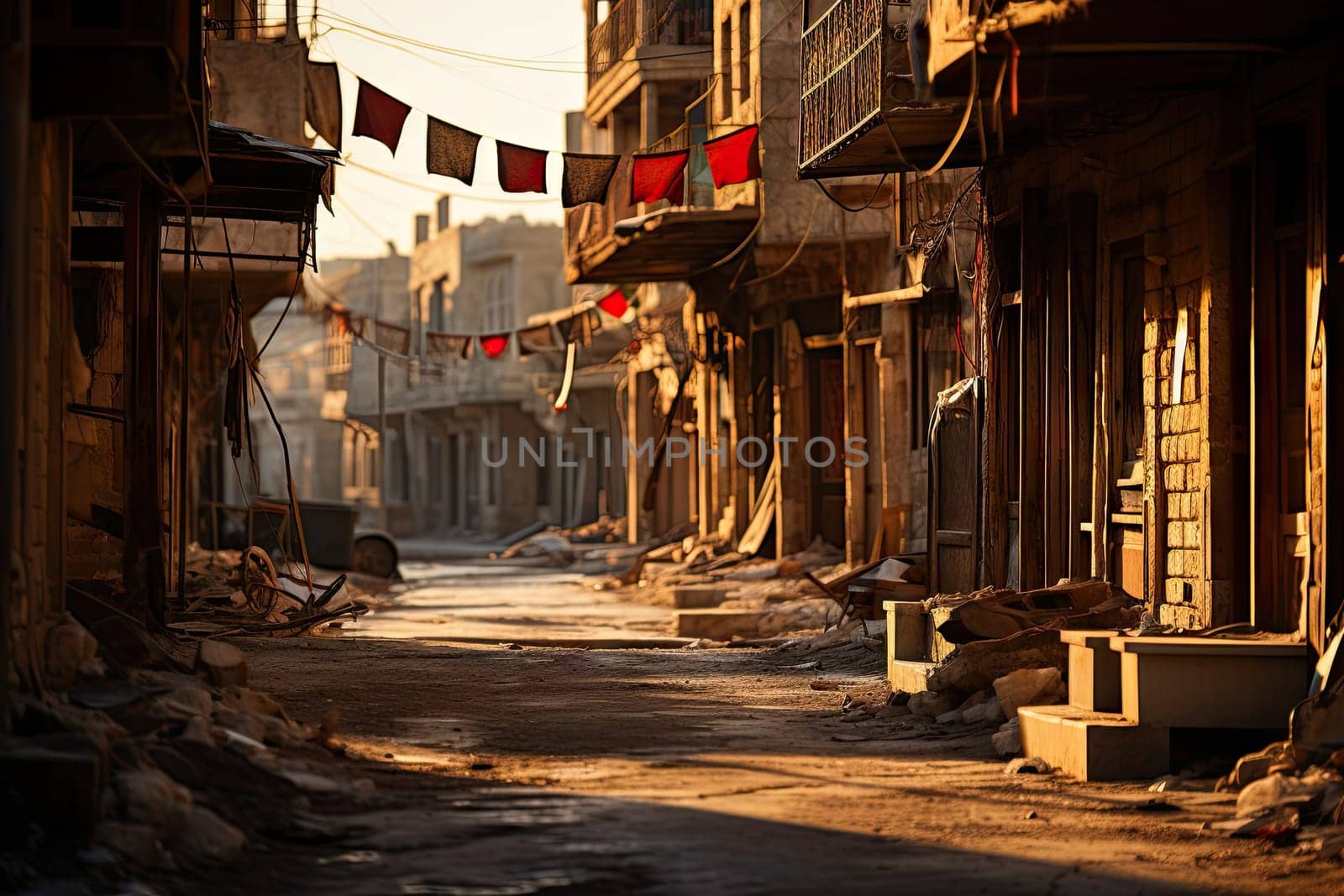 an empty street in the middle of a city with buildings and flags hanging over it's doorways on both sides