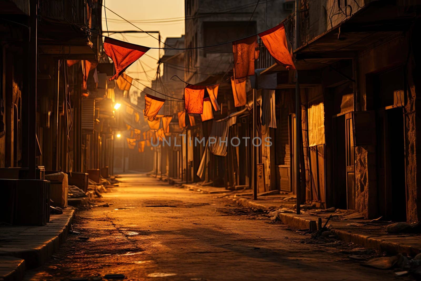 a city street at night with the sun setting on the buildings and flags hanging over the alleys in the area