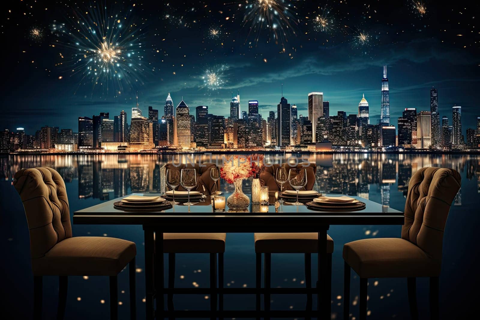 two chairs at a table in front of a city skyline with fireworks on the night sky and stars above them