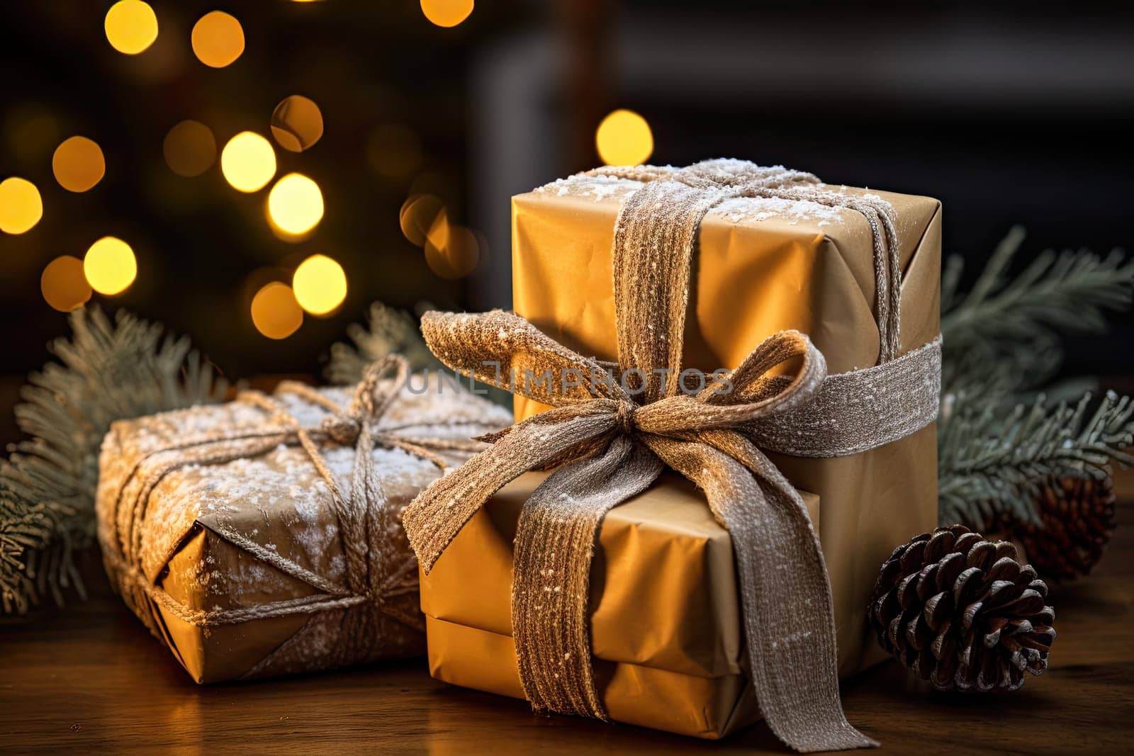 two wrapped presents on a wooden table with christmas lights in the background and pine cones to the present box is gold