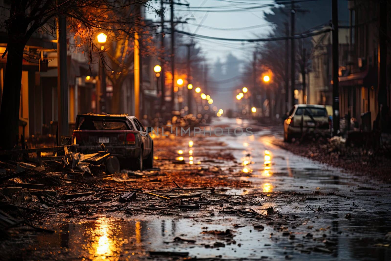 a city street that has fallen leaves on the ground and buildings in the background are lit by lights from lanterns