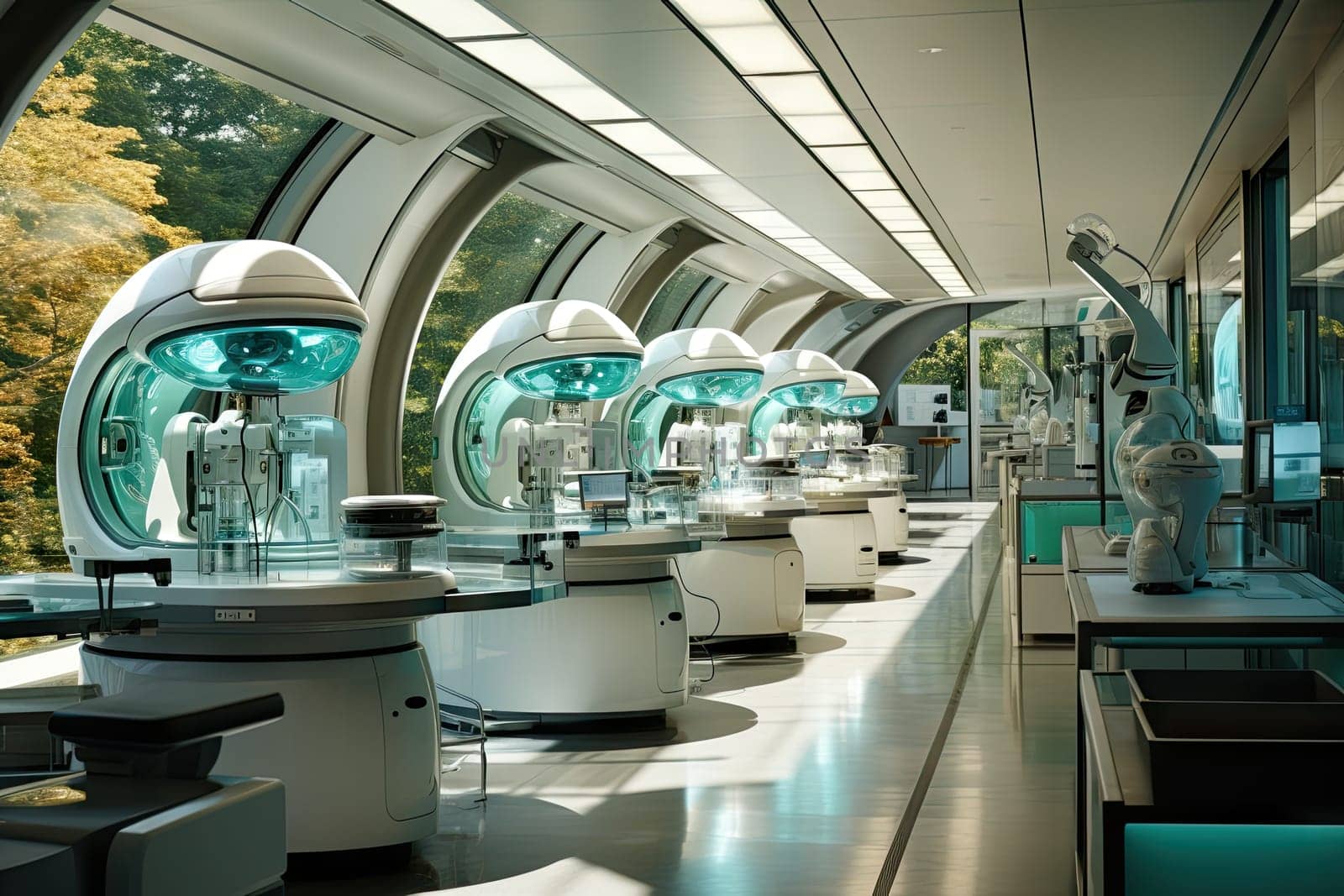 the inside of a science lab with many tables and chairs in front of windows looking out onto trees on both sides