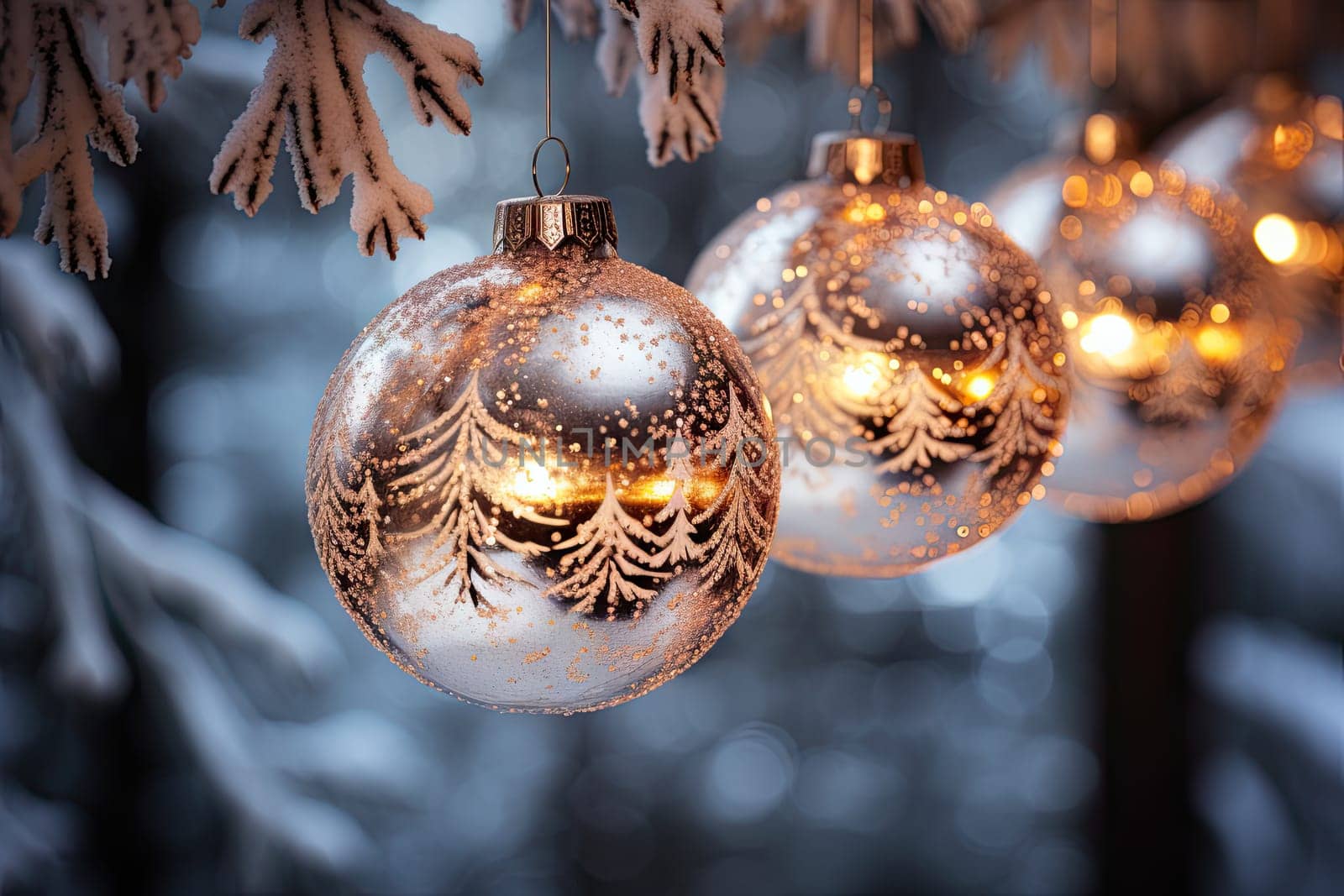 two christmas ornaments hanging from a tree with snow on the branches in the foreground image is blurred and blured