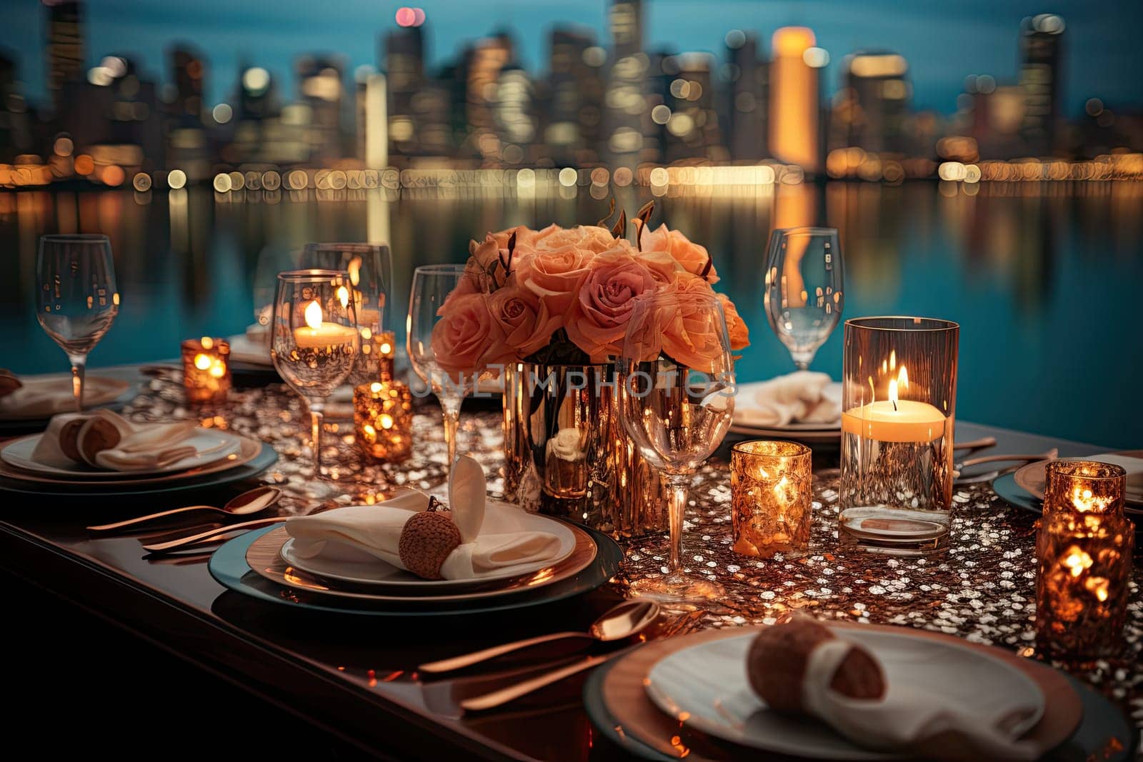 a table setting in front of a city skyline at night time with lit candles and flowers on the place settings