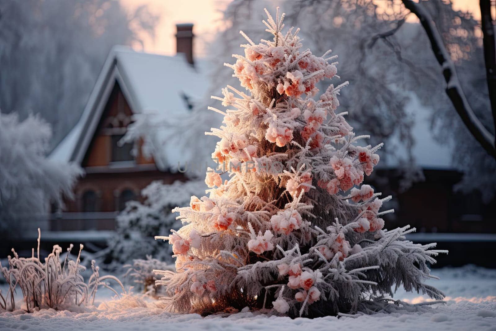 a snow covered christmas tree in front of a house with the sun shining through the frosty branches on it