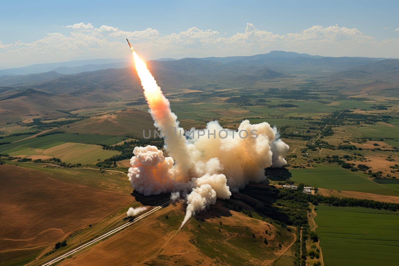 a rocket launching into the sky with mountains in the distance and hills in the fore - fire area behind it
