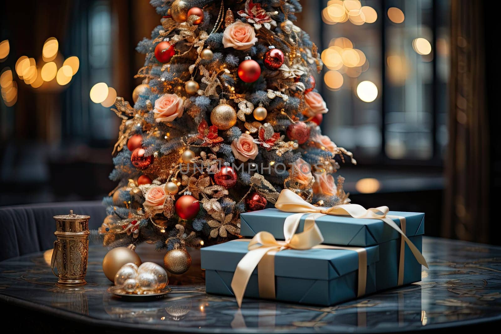 a decorated christmas tree with presents on it and lights in the background, as well for this holiday seasoning scene