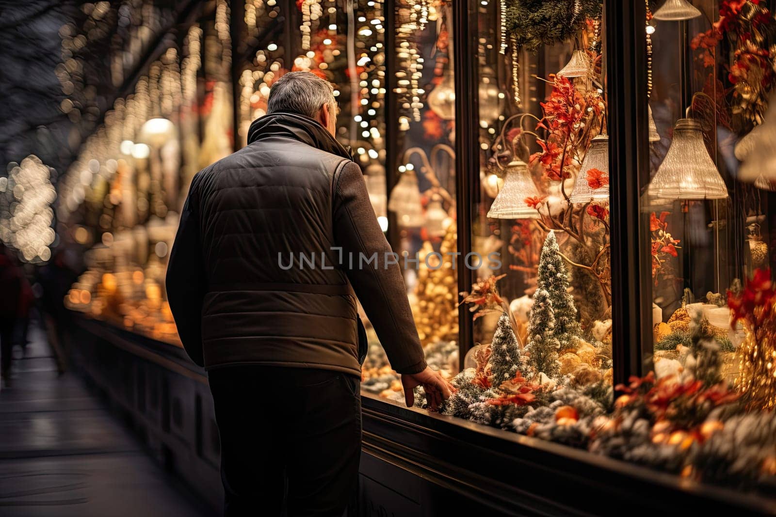 a man looking at christmas decorations in a store window with his back to the camera as he walks down the street