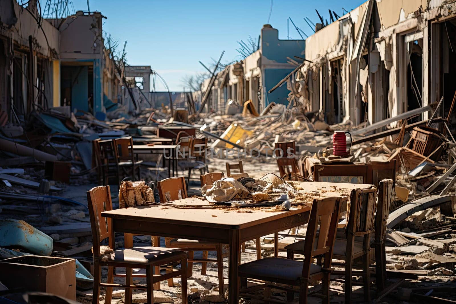 a table and chairs in the middle of a destroyed building with debris all over it's sides on a clear blue sky day
