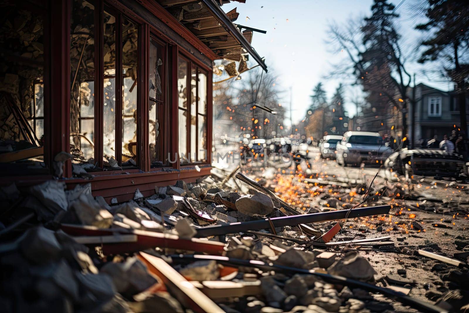debris on the ground in front of a building with cars and buildings in the background that have been vandaled