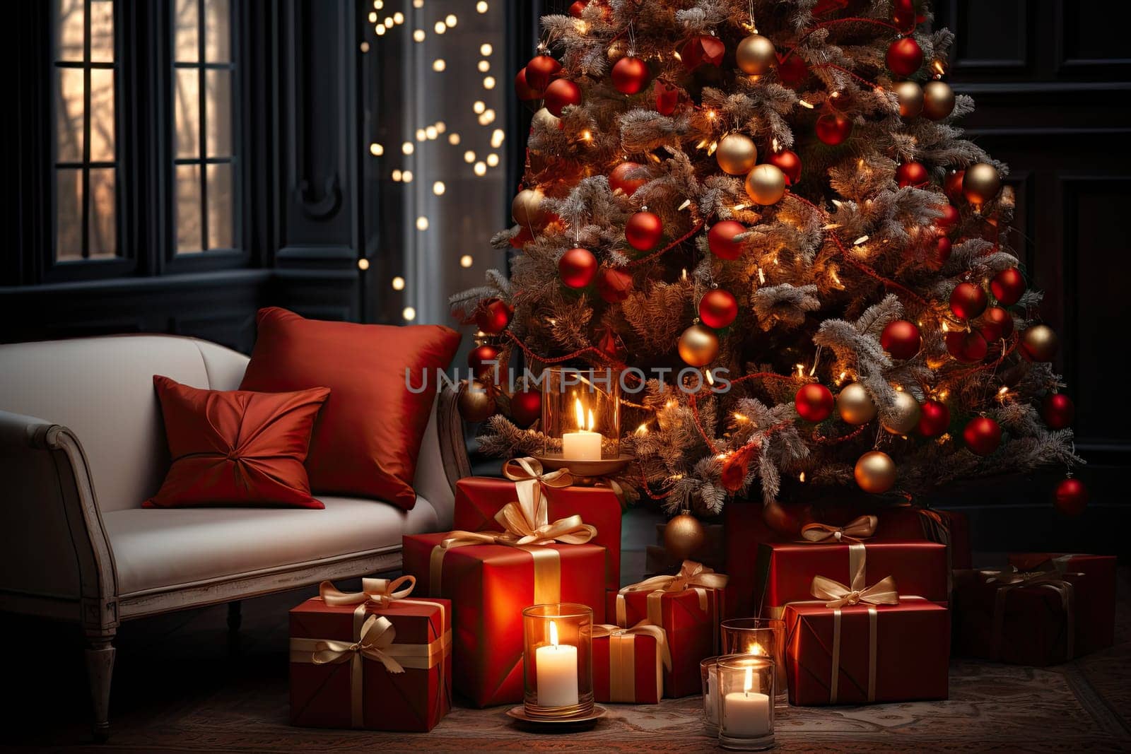 a decorated christmas tree with presents and candles on the floor next to a couch in front of an open window